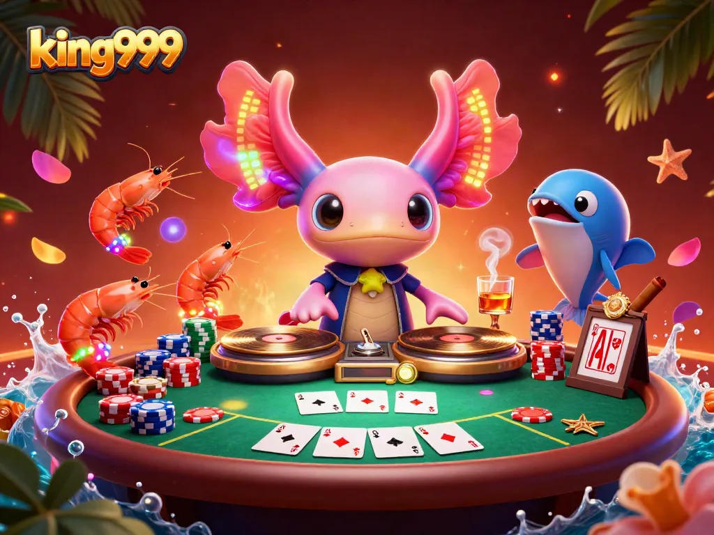 Gambaran aksi dari king999 menunjukkan axolotl DJ di kasino dengan meja poker dan kerumunan yang menari.