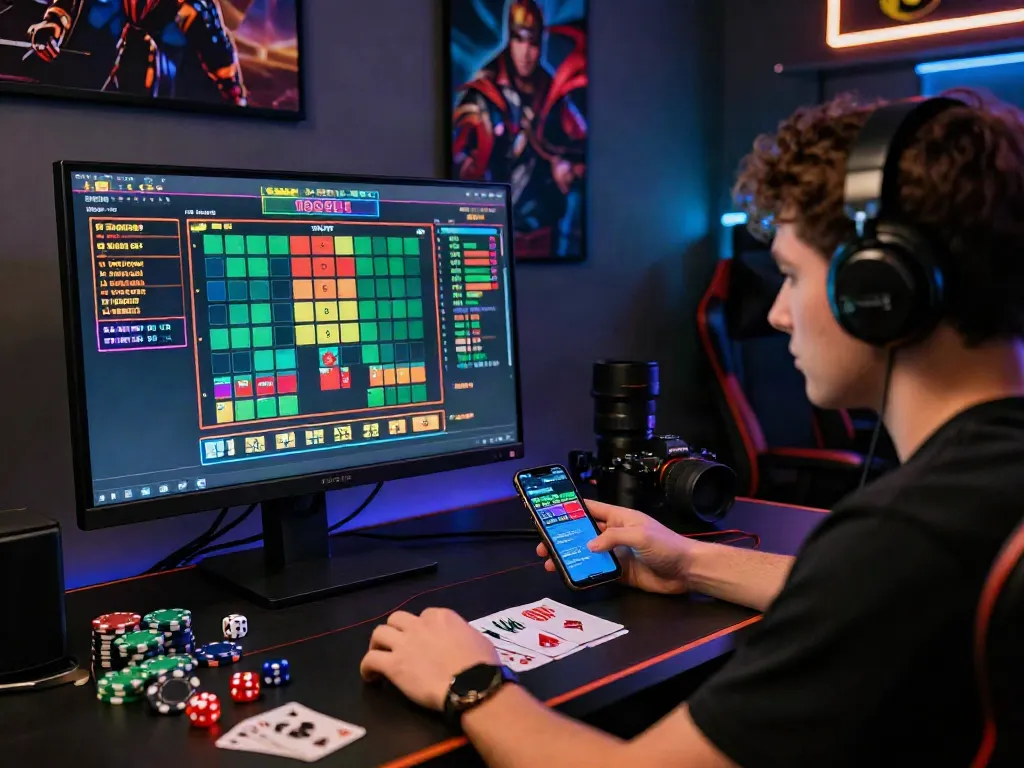 Pemain togel online terlibat dalam permainan rajatogel, dikelilingi perlengkapan judi modern dan hasil togel yang menarik.