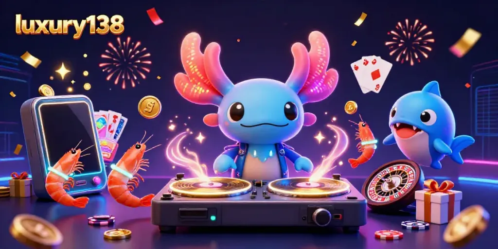 Engage with action-packed luxury138 experience as a vibrant axolotl DJ spins at a casino party.