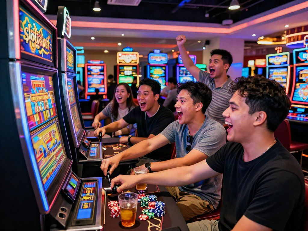 Friends celebrating a win at a 'slot gacor' machine in a lively casino, showcasing excitement and social fun.