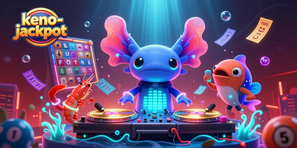 Spin the keno-jackpot with a vibrant scene featuring an axolotl DJ and dancing characters.