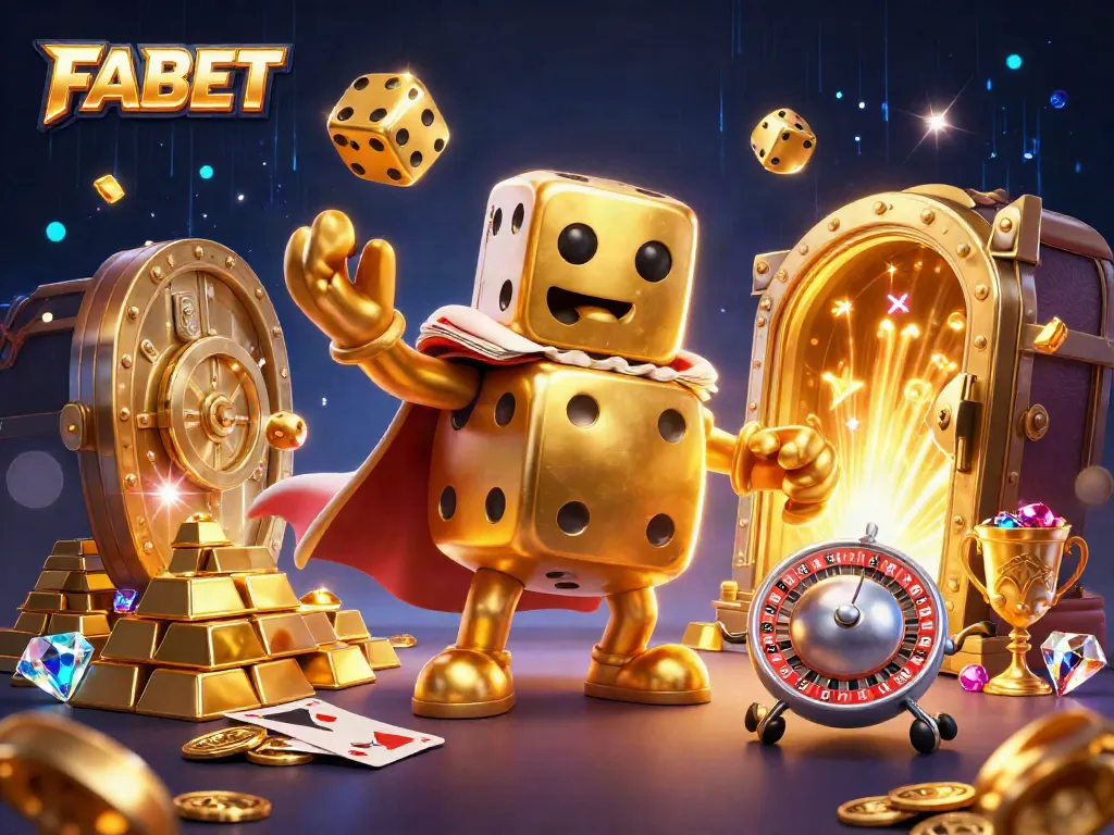 Engage with FABET's vibrant casino world through juggled golden dice and sparkling treasures.