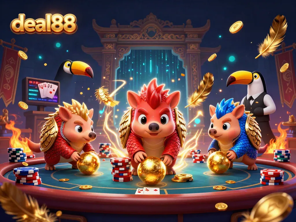Engage with deal88 by watching rival pangolins roll through poker chips in a vibrant casino scene.