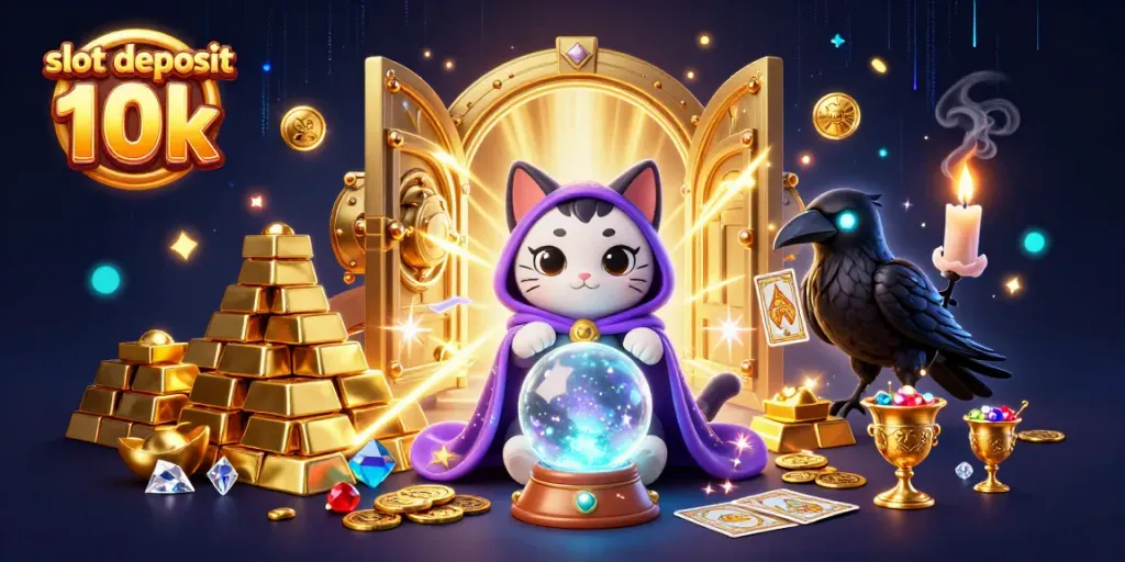 Ikon permainan slot deposit 10k yang menarik dengan karakter mistik dan harta buatan yang melimpah.