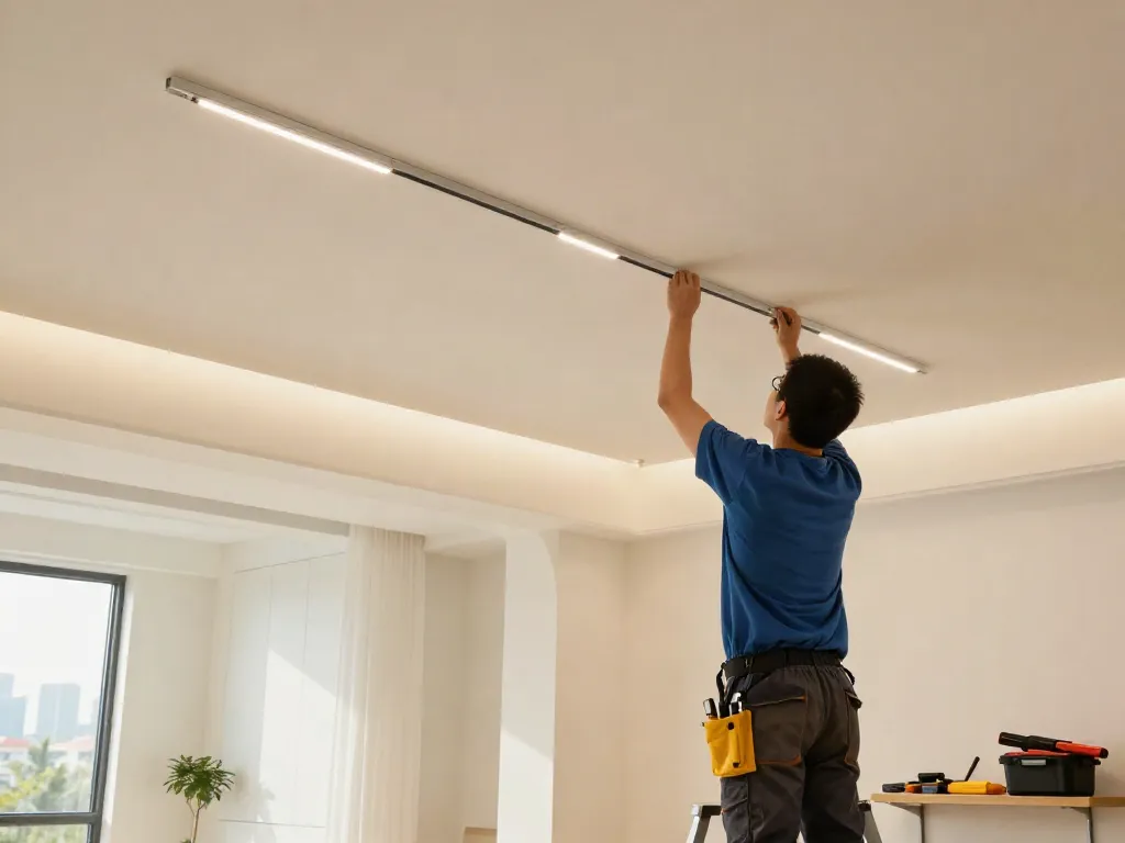 Spoturi și proiectoare LED pe sina magnetică instalate de profesioniști locali în servicii de iluminat.
