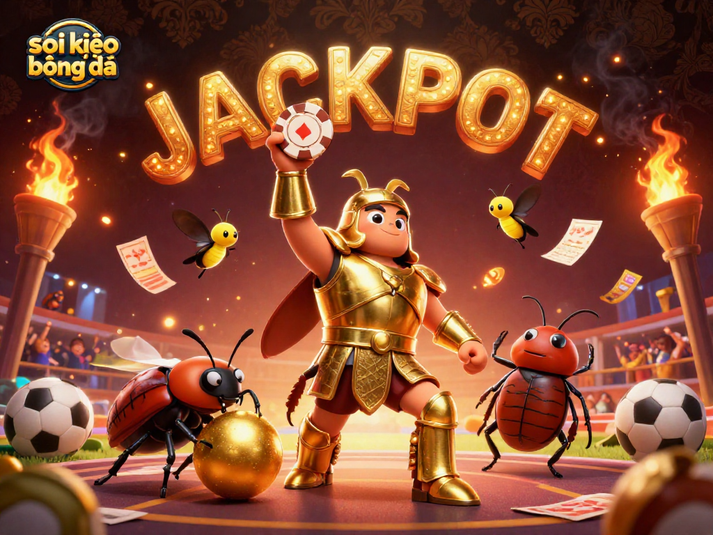 Engage in thrilling soi kèo bóng đá action with a victorious beetle raising a poker chip above a vibrant sports scene.