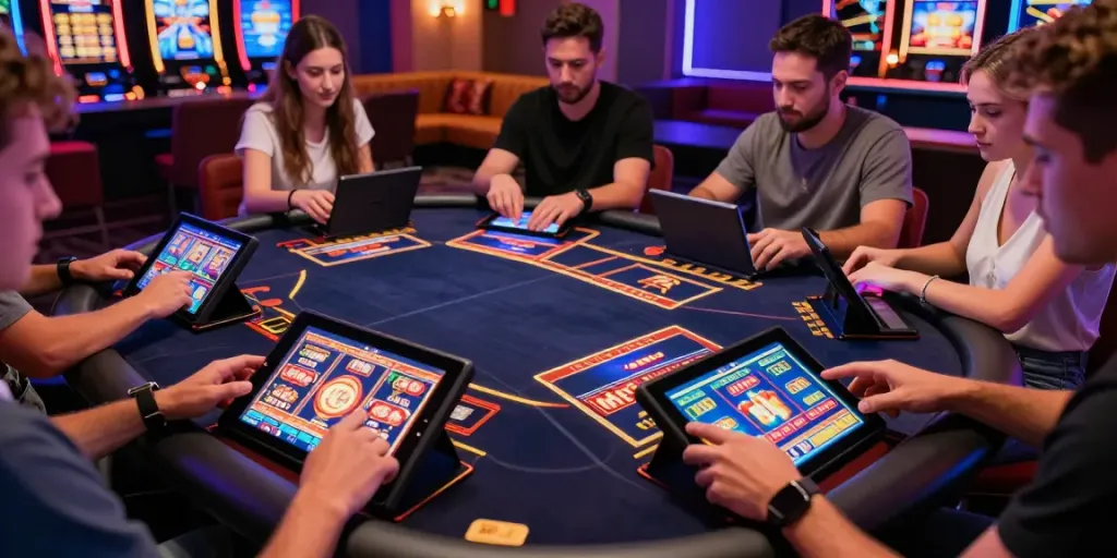 Exciting scene of players enjoying toto slot online games on digital devices in a stylish gaming lounge.