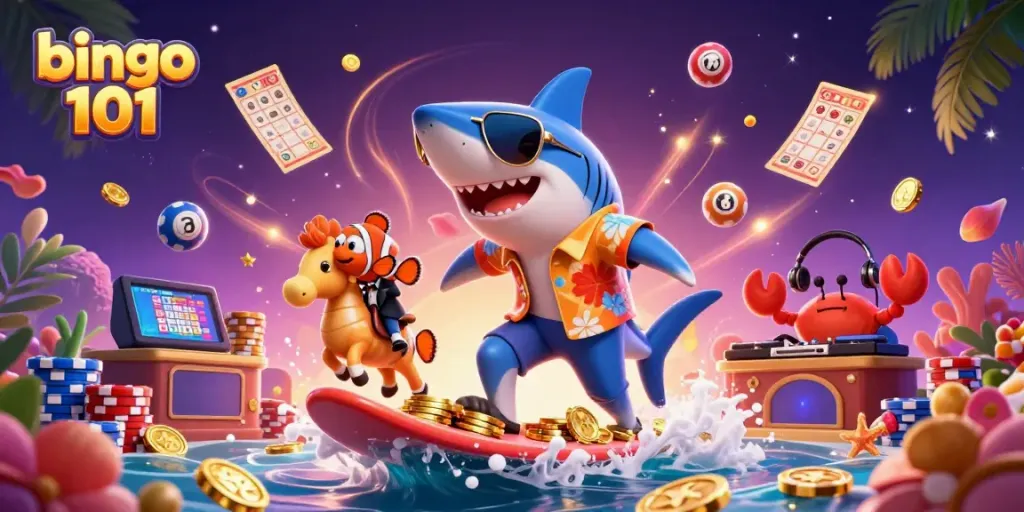 Permainan bingo 101: Lihat hiu kartun berdasi dan ikan badut dalam suasana pesta bingo yang meriah.