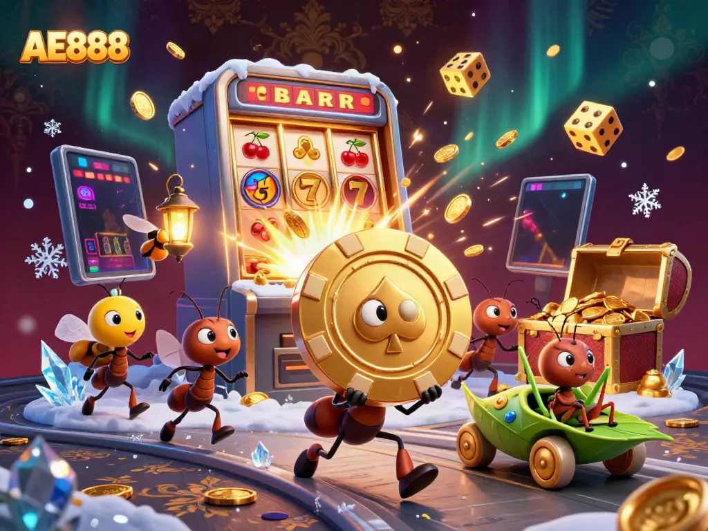 Experience a thrilling AE888 heist with cartoon ants, poker chips, and vibrant casino elements.