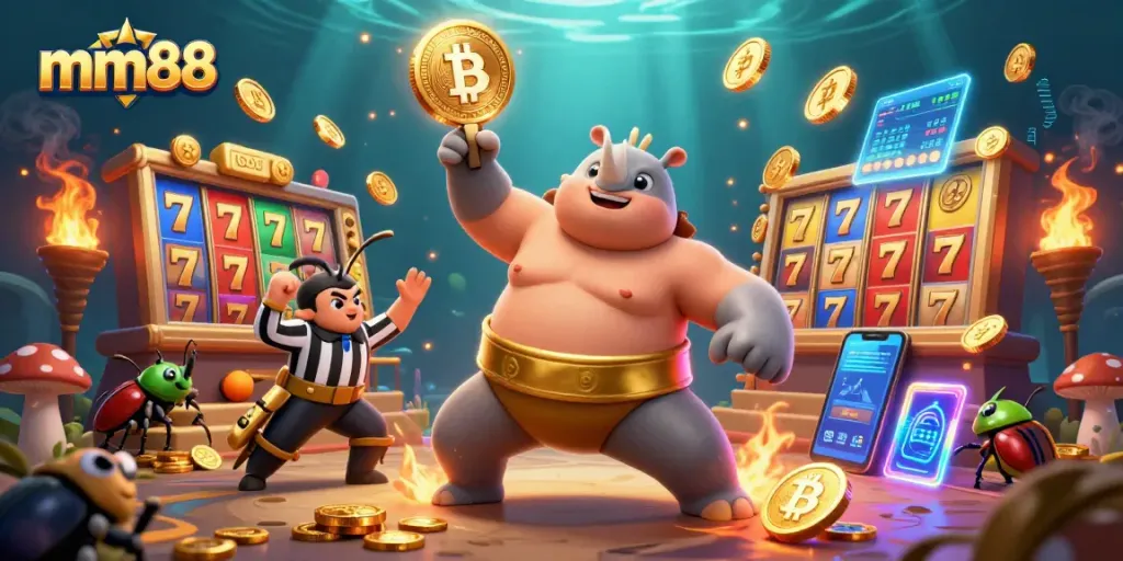 Experience the excitement of mm88 with a cartoon beetle champion in a lively casino scene.