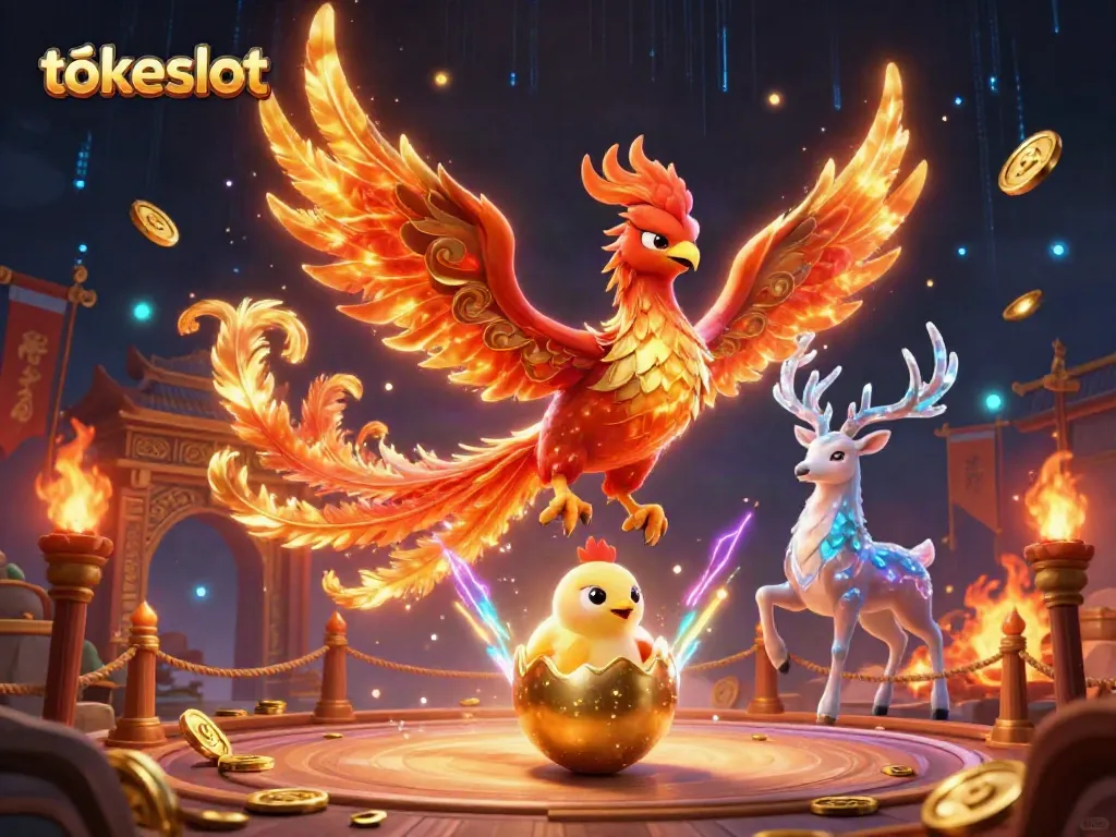 Engage with tokeslot’s vibrant gaming environment showcasing a fiery phoenix and mystical stag.