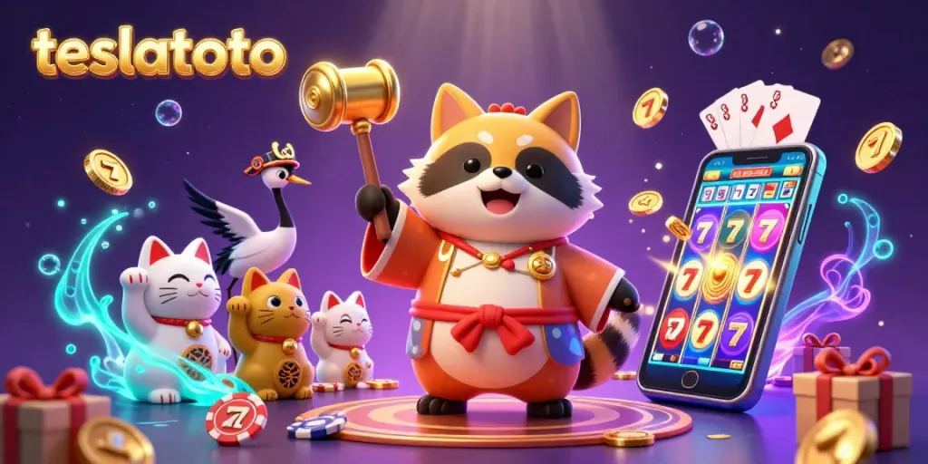Spin the reels with teslatoto in this vibrant 3D illustration featuring lively characters and slot game elements.