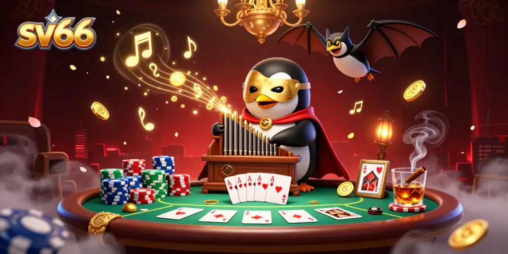 Experience the excitement at sv66 with a vibrant casino scene featuring golden coins and poker action.