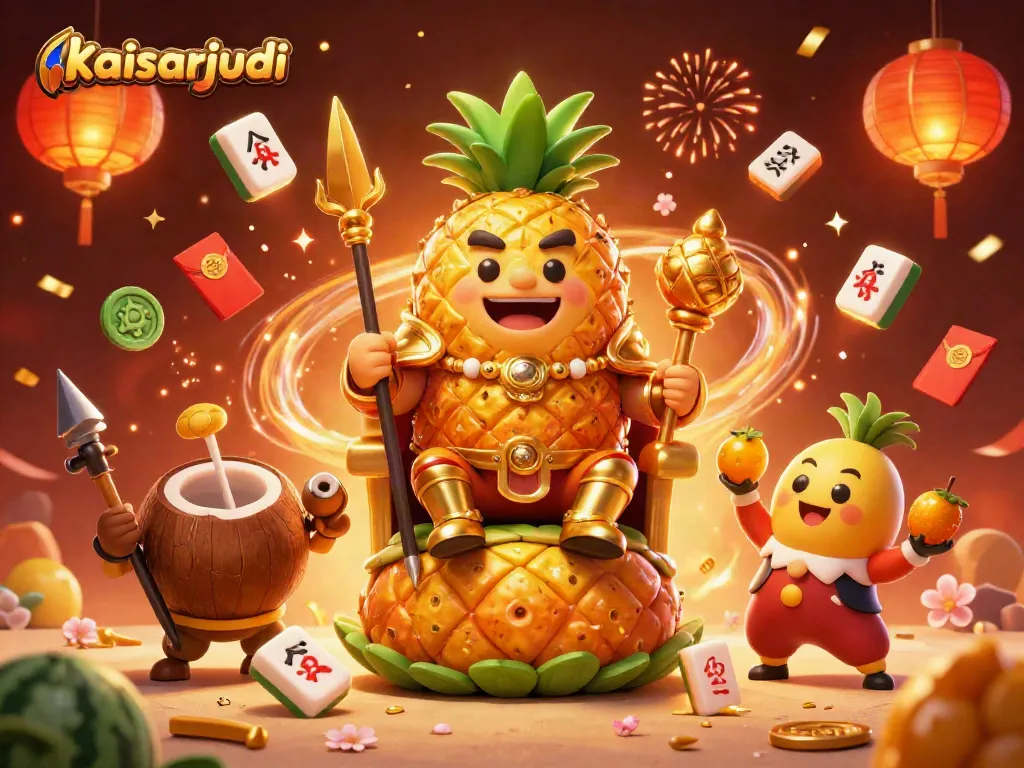 Kaisarjudi gameplay scene with a golden pineapple king and casino characters celebrating wins.