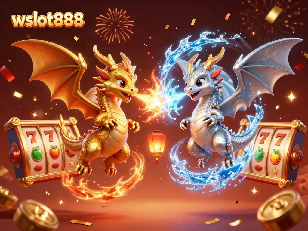 Gambarkan pengalaman bermain wslot888 dengan naga 3D dan elemen slot yang meriah.