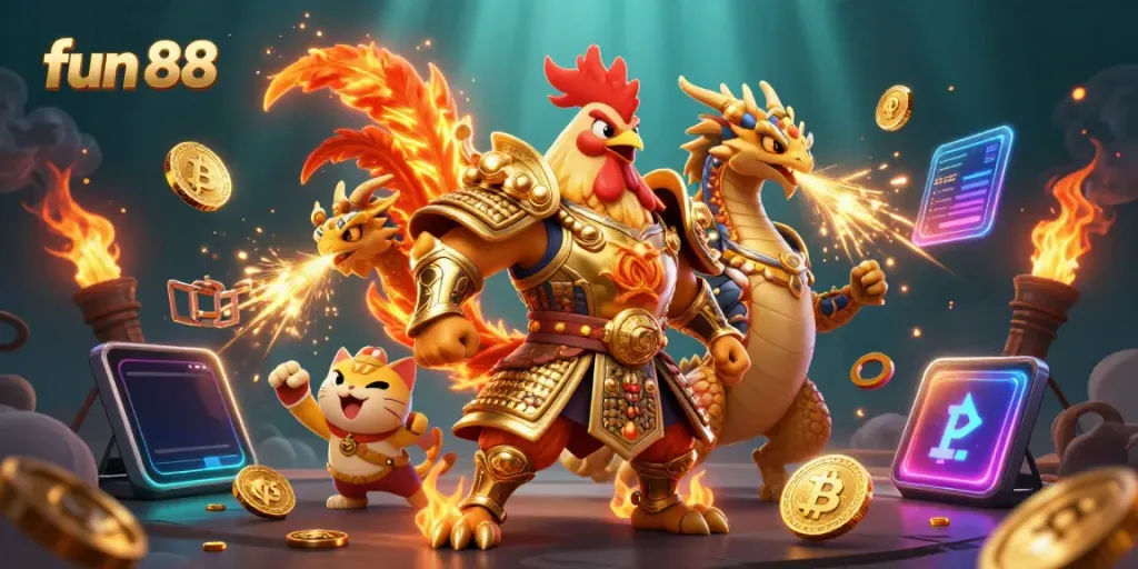 Experience thrilling fun 88 moments with a fearless rooster warrior and dragon hatchling in a dynamic casino battle.