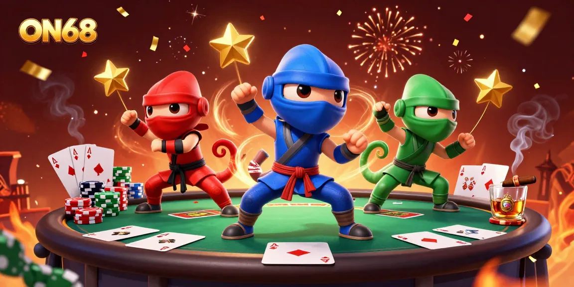Experience the excitement of gaming at ON68 with vibrant chameleon ninjas and captivating casino action.