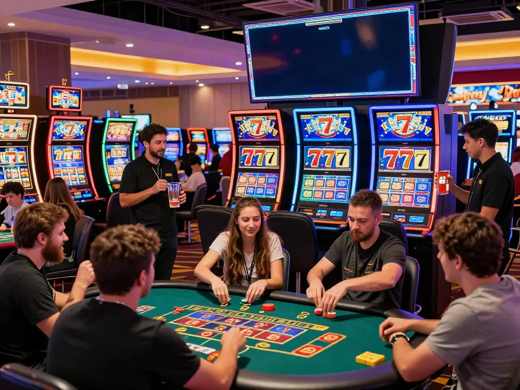 Exciting Lucky777 gaming scene with players celebrating wins in a vibrant casino.