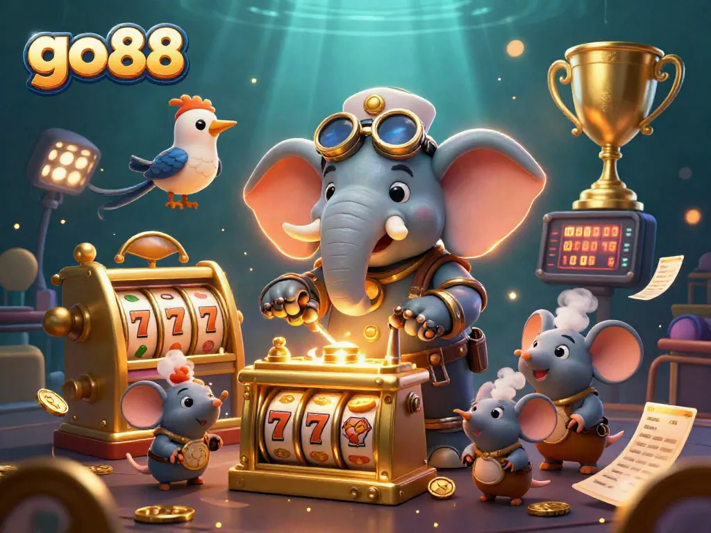 Trải nghiệm go 88 với một con voi steampunk và máy đánh bạc vàng trong không gian casino đầy màu sắc.