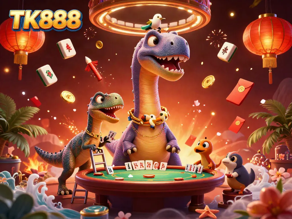 Experience thrilling entertainment at TK888 with cartoon dinosaurs engaging in poker under a lavish casino ceiling.