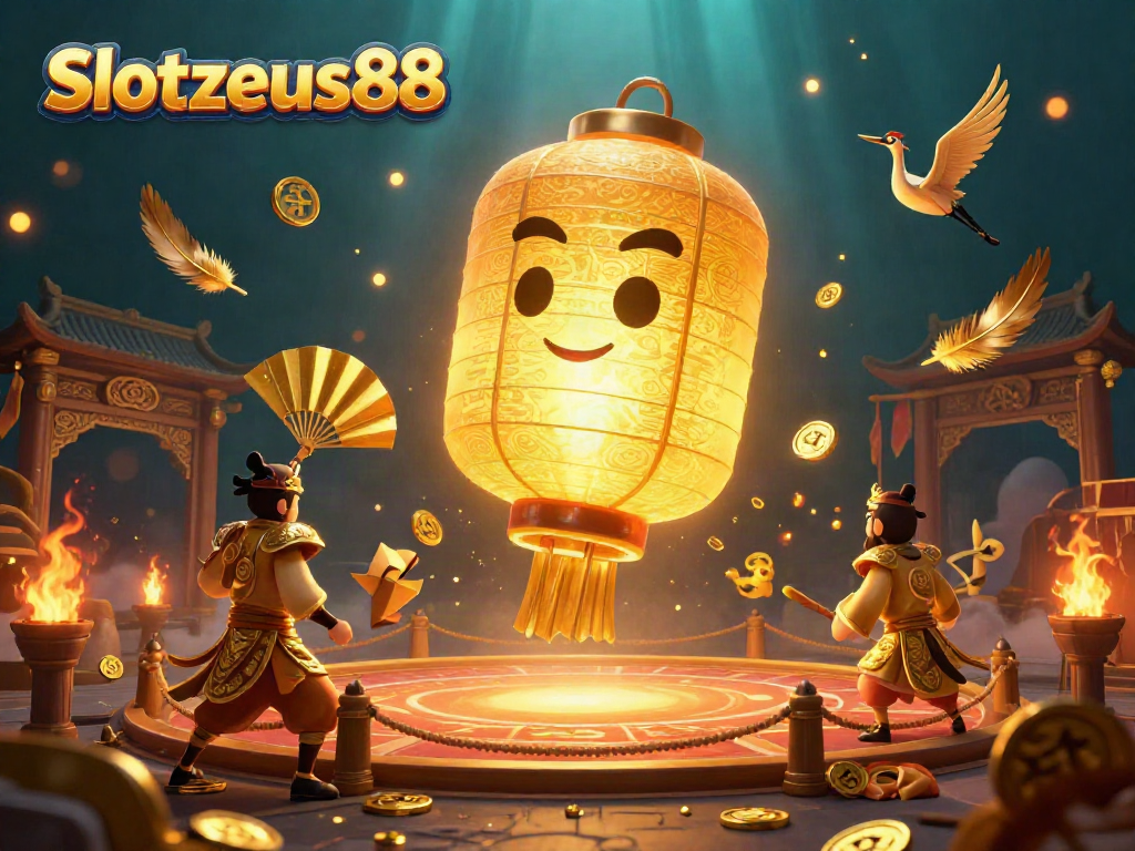Engage with Slotzeus88 in an exhilarating Asian-themed casino scene filled with vibrant game elements.
