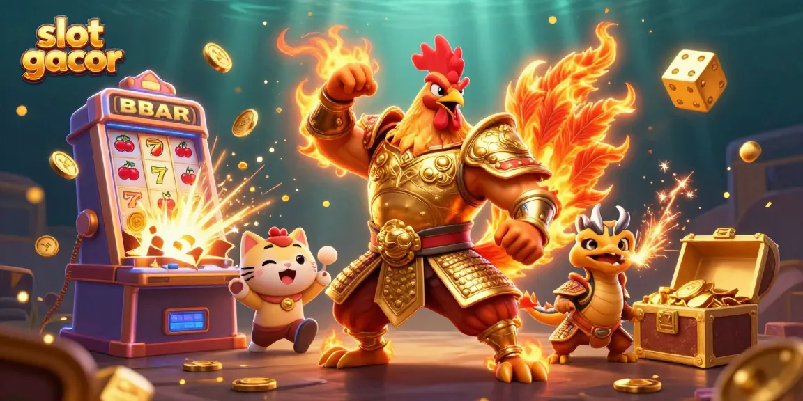 Experience thrilling wins with slot gacor as the rooster warrior triumphs in a vibrant 3D casino scene.