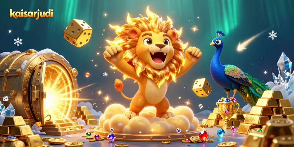 Kaisarjudi showcases a roaring lion and golden dice in an immersive casino-themed scene.