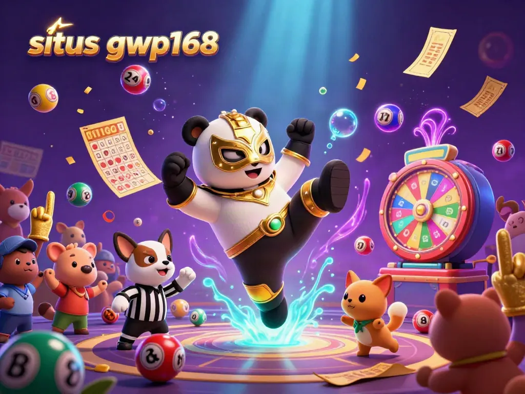 Bidik situs gwp168 dengan panda pegulat melakukan tendangan terbang dan tiket kasino di sekelilingnya.