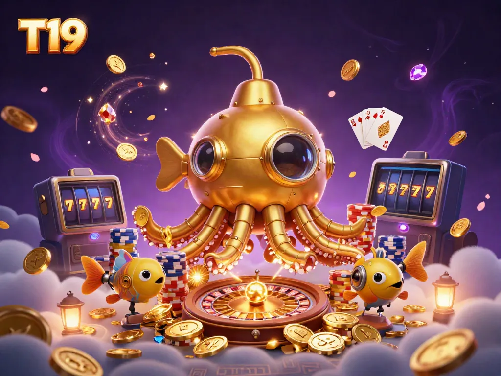 Experience T19's thrilling atmosphere with an adventurous kraken submarine amidst golden coins and casino excitement.