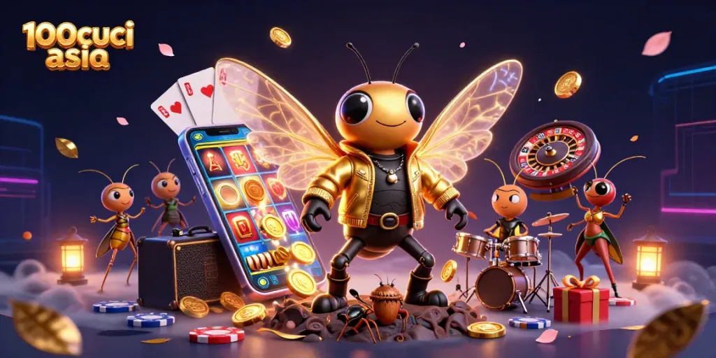 Experience 100cuci asia with a vibrant casino scene featuring a cicada rock star and exciting games.