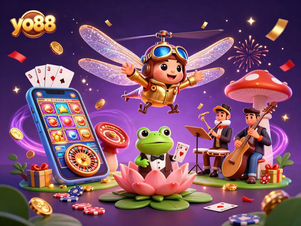 Experience energetic gameplay with yo88, illustrated by a vibrant casino scene filled with 3D characters and game elements.