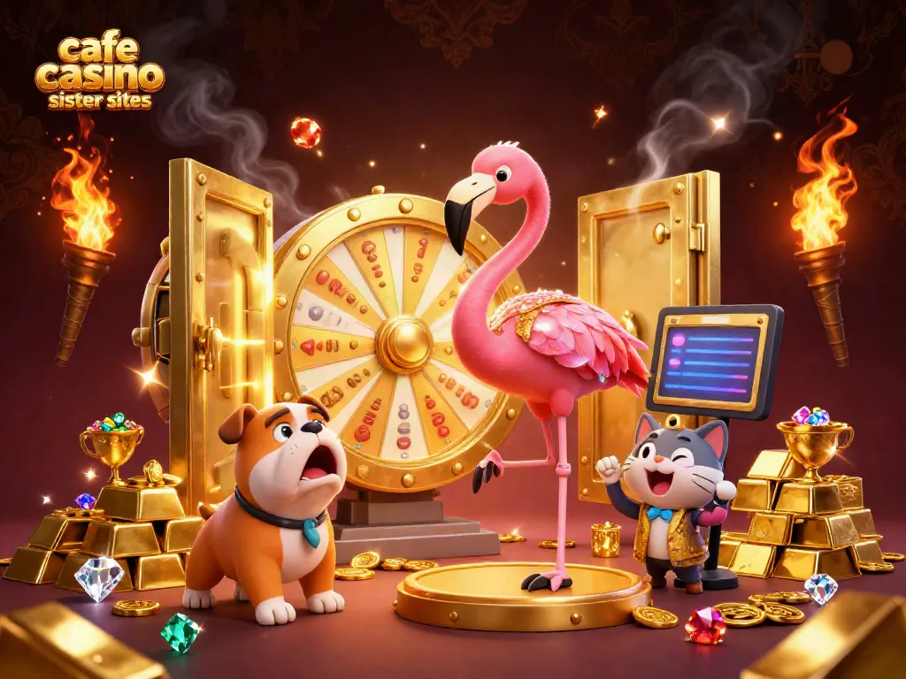 Cafe Casino sister sites fun with a game show host flamingo, golden prizes, and vibrant gems