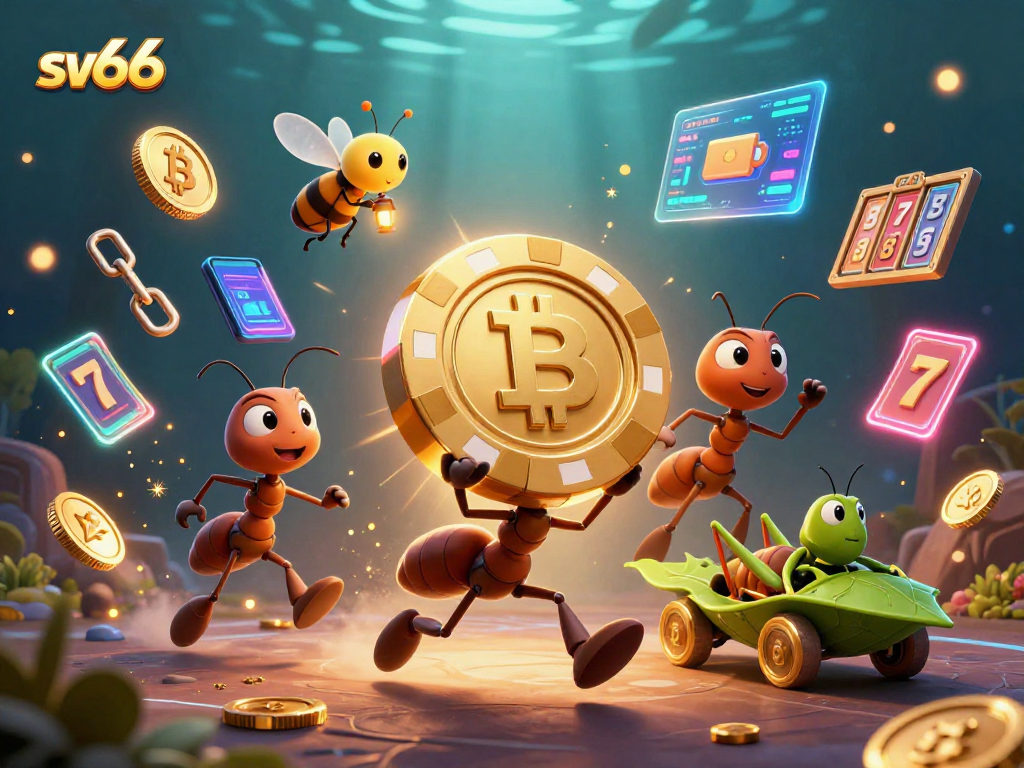 Experience the thrill of sv66 as cartoon ants carry a giant poker chip in this vibrant casino illustration.