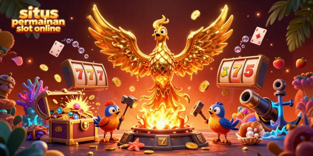Gamenya di situs permainan slot online, memukau dengan simbol slot emas dan phoenix 3D.