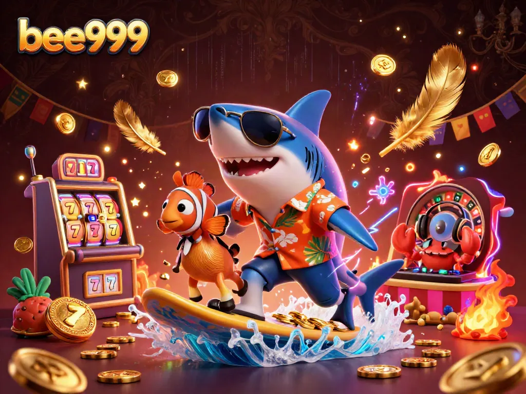 Experience thrilling games at bee999 with a vibrant casino scene featuring a shark, clownfish, and crab DJ.