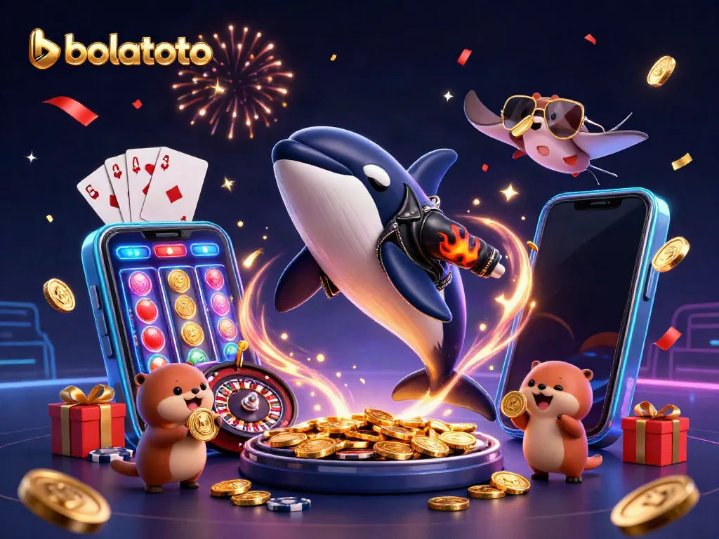 Engage in bold bolatoto adventures with a 3D orca, stingray, and otter family in a vibrant casino scene.