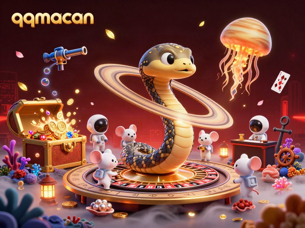 Experience thrilling bets at qqmacan with astronaut mice and cosmic dealer in a vibrant casino scene.