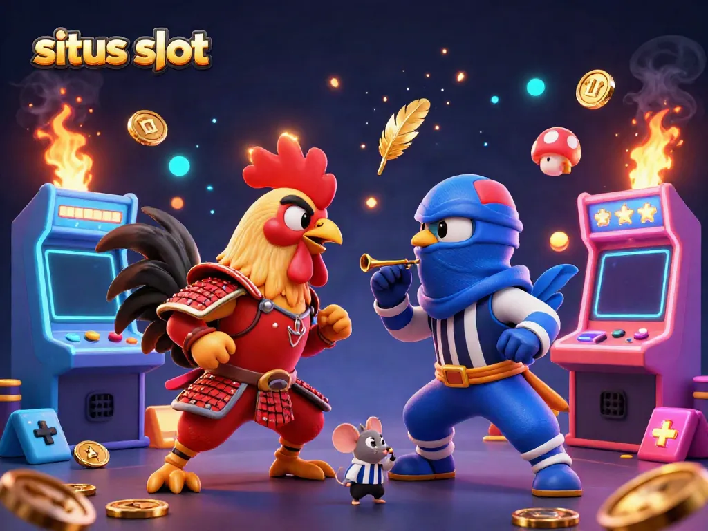 Genggam peluang menang di situs slot dengan rooster adu berani dan elemen permainan warna-warni.