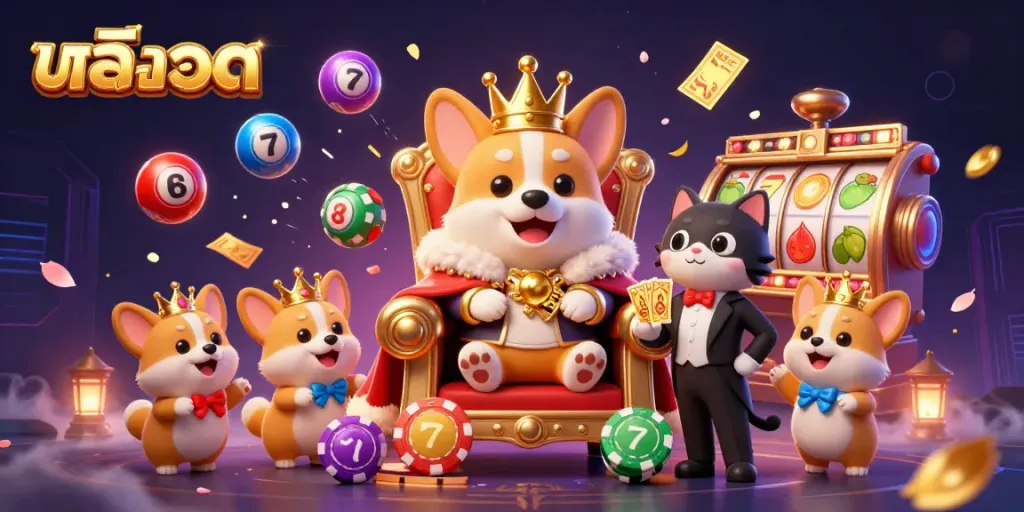 Experience the excitement of สล็อต with our royal corgi king amidst slot reels and vibrant winning elements!