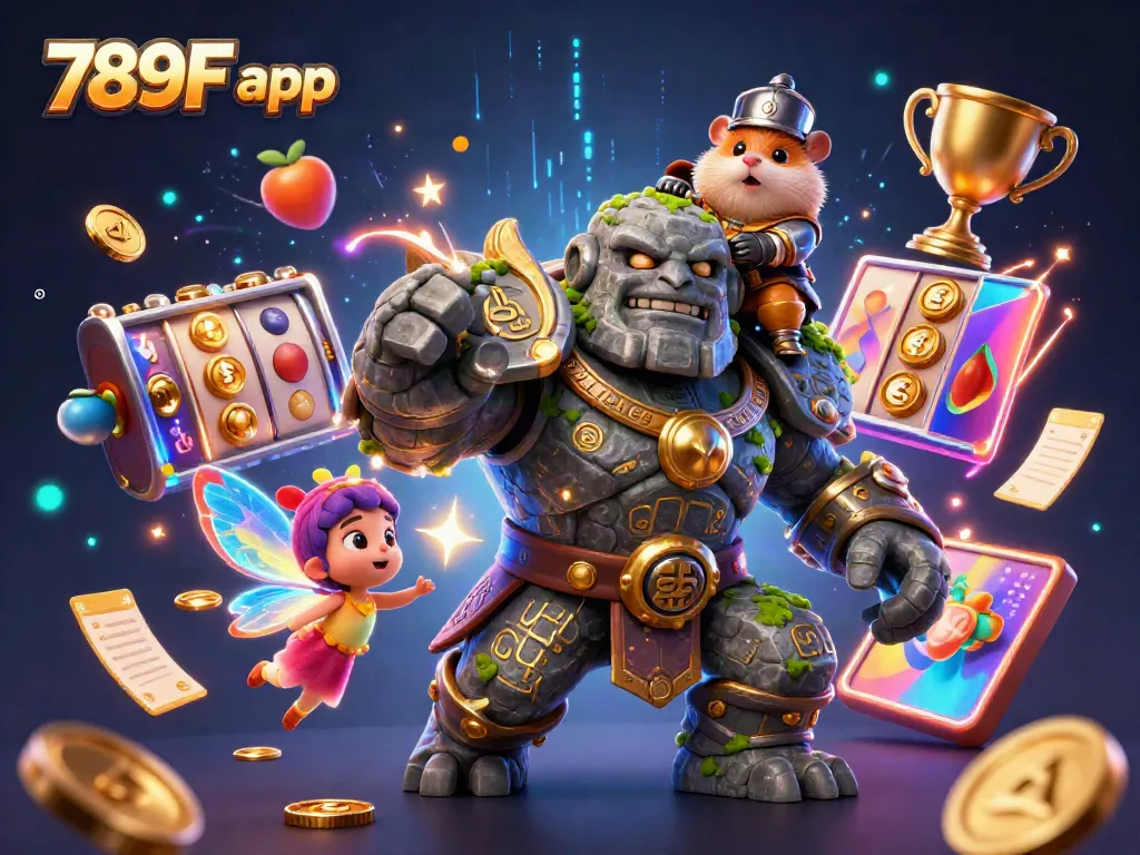 Engage with the magical 789F app featuring a stone golem guardian, a fairy, and a hamster knight in a vibrant casino setting.