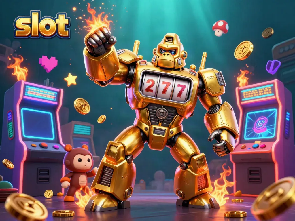 Experience thrilling slot action with a golden gorilla mech and vibrant arcade elements.