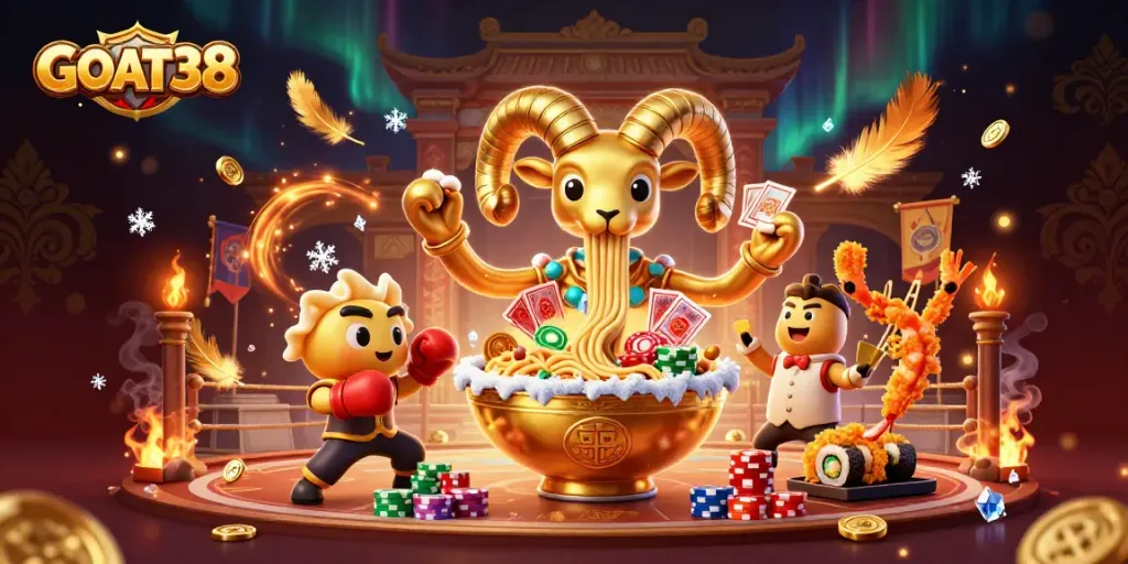 GOAT38 casino scene with a giant ramen bowl dealer and lively characters engaging players