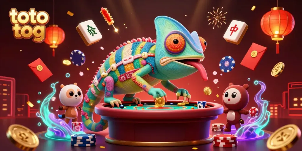 Experience vibrant gameplay with toto tog, featuring a chameleon casino owner amidst lucky symbols.