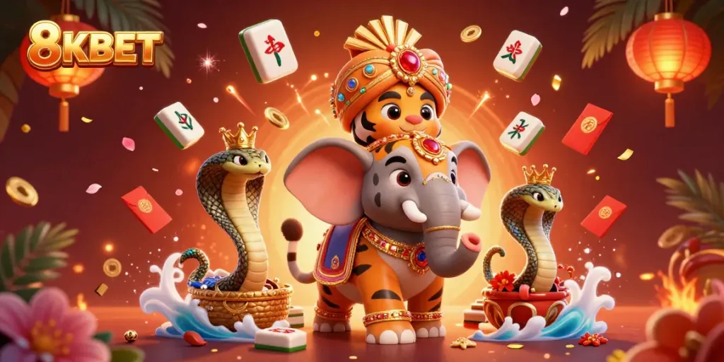 Experience exciting gameplay at 8KBET with a vibrant casino scene featuring a maharaja tiger, elephant, and gaming elements.