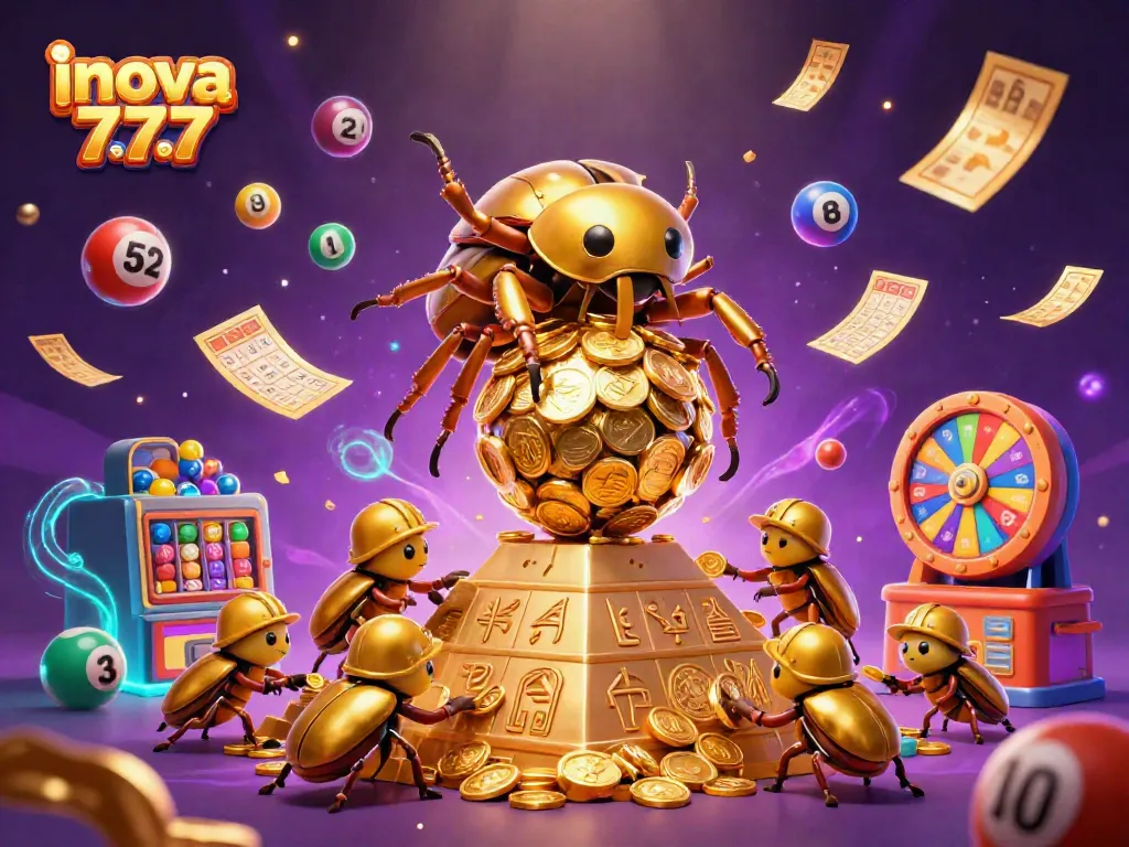 Experience the excitement of inova 777 slot with a vibrant scene featuring golden beetles, jackpot symbols, and colorful lottery elements.