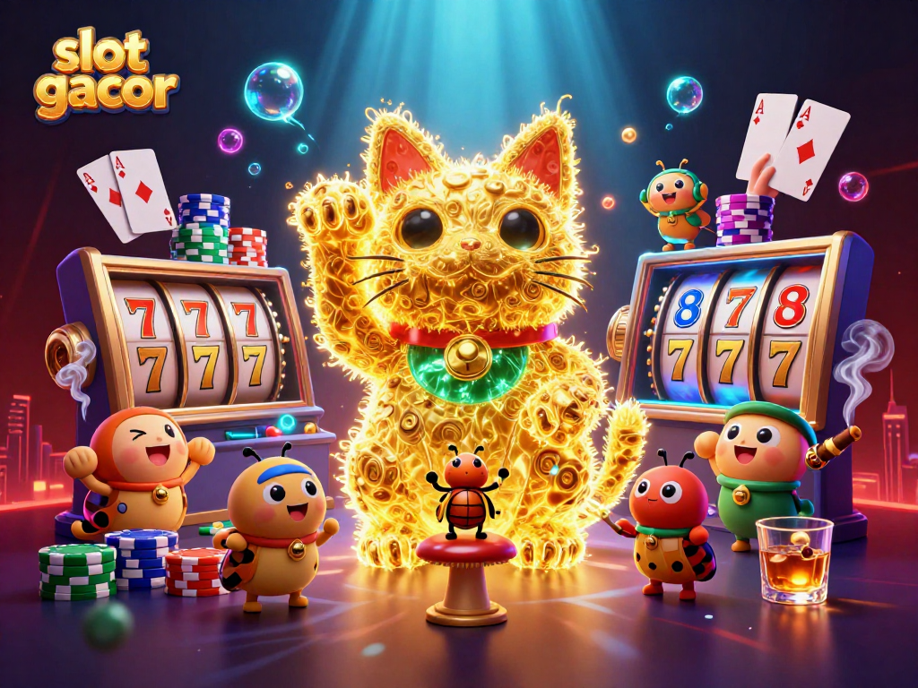 Menangkan slot gacor dengan ilustrasi 3D kucing keberuntungan yang aktif di antara simbol kasino
