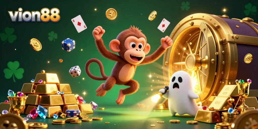 Experience thrilling wins at vion88, a haunted casino with a ghost-hunter puppy and playful monkey juggling golden treasures.
