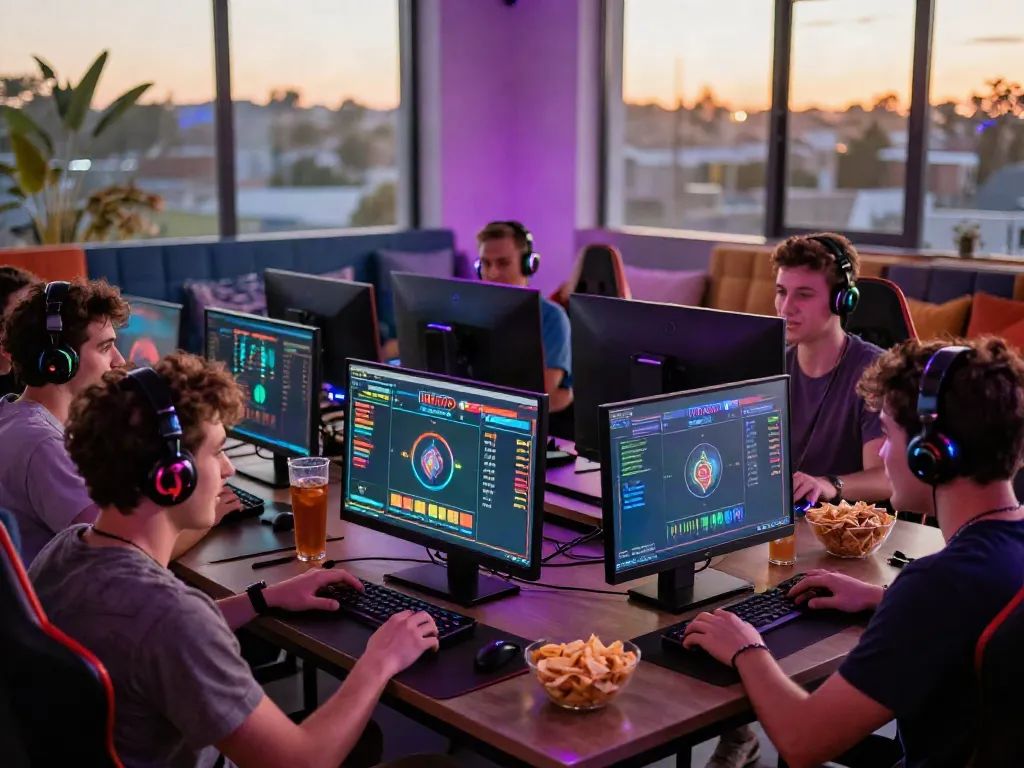 Friends enjoying an engaging online betting game on unsurtoto, colorful gaming lounge atmosphere.