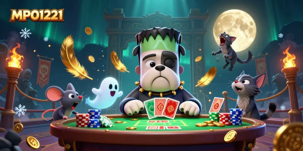 Experience the thrilling atmosphere of MPO1221 with vibrant 3D casino characters engaging in card games amidst dazzling effects.