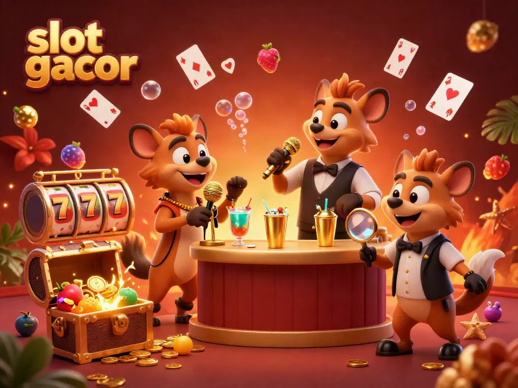 Gim slot gacor menampilkan hyena lucu dalam suasana kasino yang meriah.